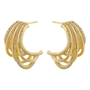 Gold multi-layer hollow C-shaped hoop earrings with micro-set zircon stones