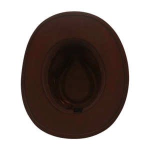Detail view of the brown wide-brim fedora interior with sweatband and adjustable drawstring