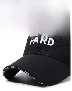 Detailed close-up of a black baseball cap with high-quality FARD letter embroidery