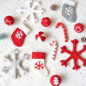 Handmade wool felt Christmas ornaments set with stockings, candy canes and snowflakes