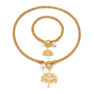 Stainless Steel Layered Jewelry Tree Of Life Necklace And Bracelet With Artificial Pearl Toggle Clasp Hip Hop Style For Women