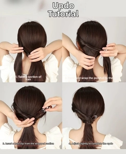 Step-by-step tutorial showing how to use the U-shaped hair pin for a minimalist bun hairstyle