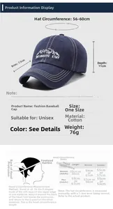 Size chart for washed cotton baseball cap detailing head circumference and visor depth