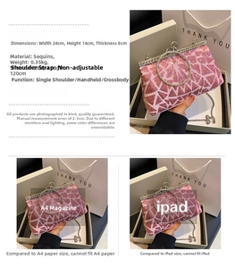Pink sequin evening clutch bag showing 24x14x8cm dimensions and silver ring handle detail