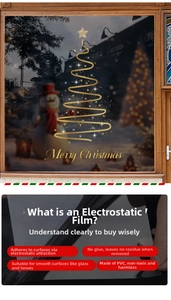 Golden Christmas tree electrostatic window sticker with Merry Christmas text on glass