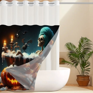 Detail of Halloween shower curtain with skull, pumpkin patterns and metal grommets