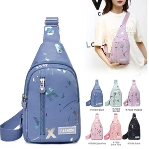 Detail view of water-resistant nylon crossbody bag with stylish letter prints and six colors