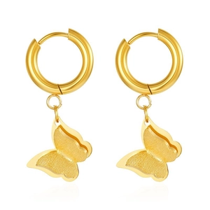 Detailed view of 18K gold plated hoop earrings featuring delicate butterfly charms