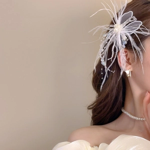 Détail d'une pince à cheveux papillon blanche avec plumes et perles pour un look élégant
