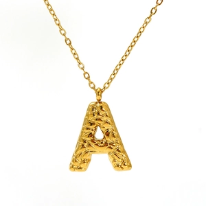 Textured 18k gold plated stainless steel initial A pendant necklace with ripple design