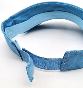 Blue top-open baseball sun hat with embroidered letters and adjustable velcro strap back
