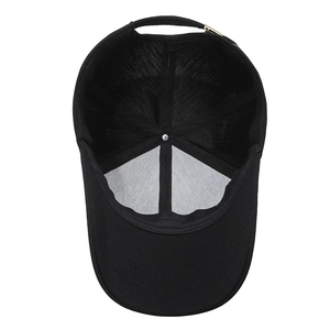Classic black baseball cap interior with gold metal buckle and breathable texture