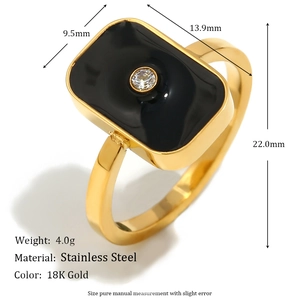 Minimalist 18K gold plated stainless steel ring with a black enamel square design