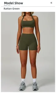 Front view of Vine Green yoga set featuring square neck sports bra and high waist shorts