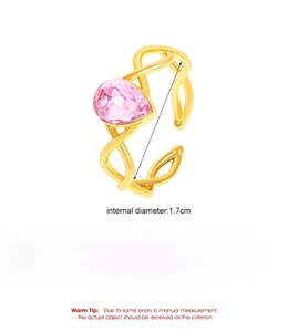 Detail of pink pear zircon ring with braided band showing dimensions and 1.7g weight