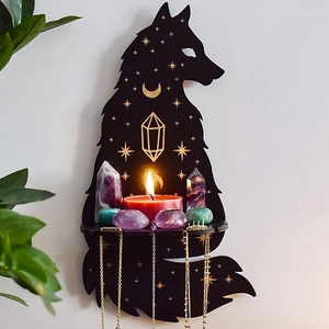 Black wolf-shaped wooden wall shelf with golden celestial moon and star pattern