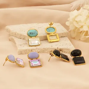 Vintage Geometric Drop Earrings Stainless Steel Gold Plated With Artificial Stone Crystal For Women Elegant Fashion Jewelry