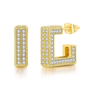 Square C Shaped Stud Earrings Copper Micro Pave Zircon Iced Out Geometric Hip Hop Jewelry Unisex Gold Plated