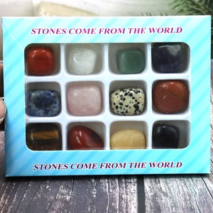 Educational box with 12 natural stones including quartz and agate in a blue gift window box