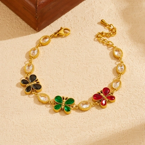 Gold stainless steel butterfly bracelet with colorful crystals and adjustable lobster clasp