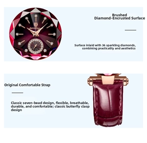 Detail of red sunray dial with 36 diamonds and premium leather strap with butterfly buckle