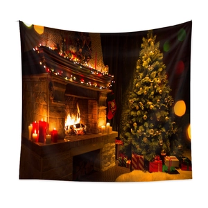 Close-up of a Christmas tapestry featuring a warm fireplace and decorated tree