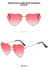 Detailed front and side views of heart-shaped sunglasses with gold frames and pink lenses
