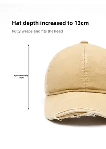 Detail view of khaki cotton baseball cap showing 13cm depth and distressed ripped edges