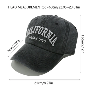 Detailed view of dark grey baseball cap with California embroidery and size measurements