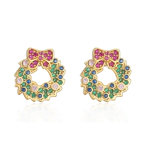 Charming gold Christmas wreath stud earrings with colorful stones and a pink bow detail