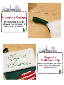 Detail of green Christmas stocking with white faux fur and Days til Christmas embroidery