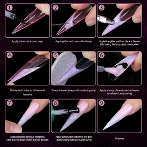 9-step tutorial for pink crystal poly extension nail gel with glitter and mold steps