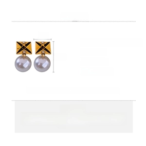 Detailed size specifications for square vintage pearl earrings with black enamel and gold