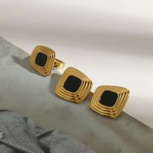 18K gold plated stainless steel ring and earrings set with black resin inlay on stone