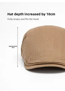 Detail showing the 10cm deepened crown of the khaki newsboy cap in twill cotton fabric