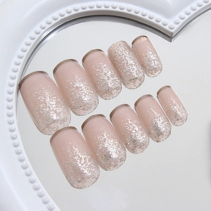 Französische Nude-Rosa Kunstnägel mit silbernem Glitzerverlauf und feinem Metallrand