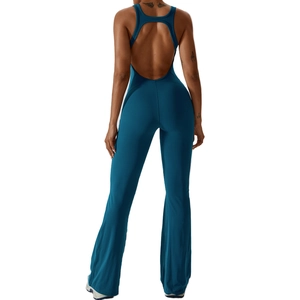 Peacock blue backless yoga bodysuit with high-stretch fabric and flare leggings