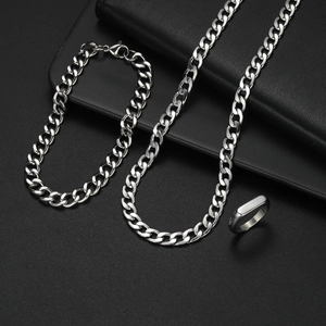 Hip Hop Cuban Link Necklace Bracelet And Ring Stainless Steel Polished Jewelry Fashion For Men Women