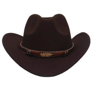 Dark brown wool felt western cowboy hat with woven band and gold feather pendant detail