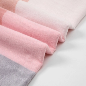 Thick warm plaid scarf for women with pink and grey blocks and soft tassel details