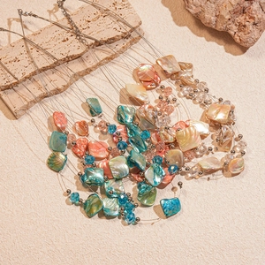 Multilayer bohemian necklace featuring colorful iridescent shells and clear faceted beads