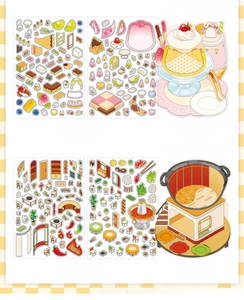 Detailed PET landscape stickers featuring miniature dessert shop and hot pot themes