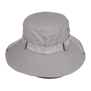 Waterproof grey sun hat with wide brim, breathable vent holes and quick-dry nylon fabric