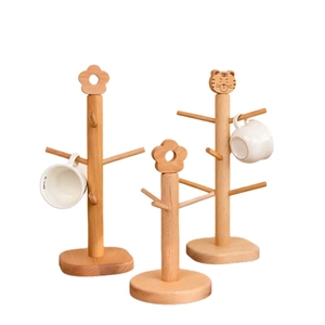 Japanese beech wood mug holder with tree-shaped hooks for home kitchen storage