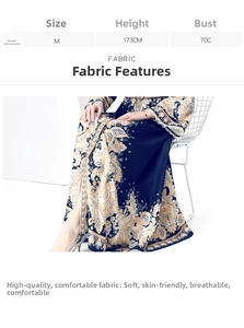 Detail of elegant vintage floral print dress fabric in soft blue and beige chiffon
