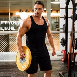 Men's black fitness gym tank top and shorts set in breathable quick-dry fabric