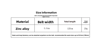 Size chart for 0.8cm wide zinc alloy waist chain, 120cm total length with hook clasp