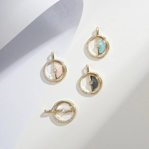Gold plated round pendants with colorful drip oil inserts and crystal border accents