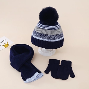 Ensemble Bonnet Écharpe Moufles Tricot Hiver Bébé Acrylique Chaud Rayures Pompon Pour Nourrisson Garçon Fille