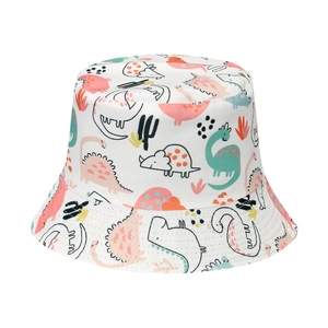 Cappello a secchiello per bambini con dinosauri colorati e cactus su cotone bianco puro